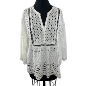 HALE BOB Eyelet Blouse Top White Cotton Split Neckline Long Sleeves Size L Large